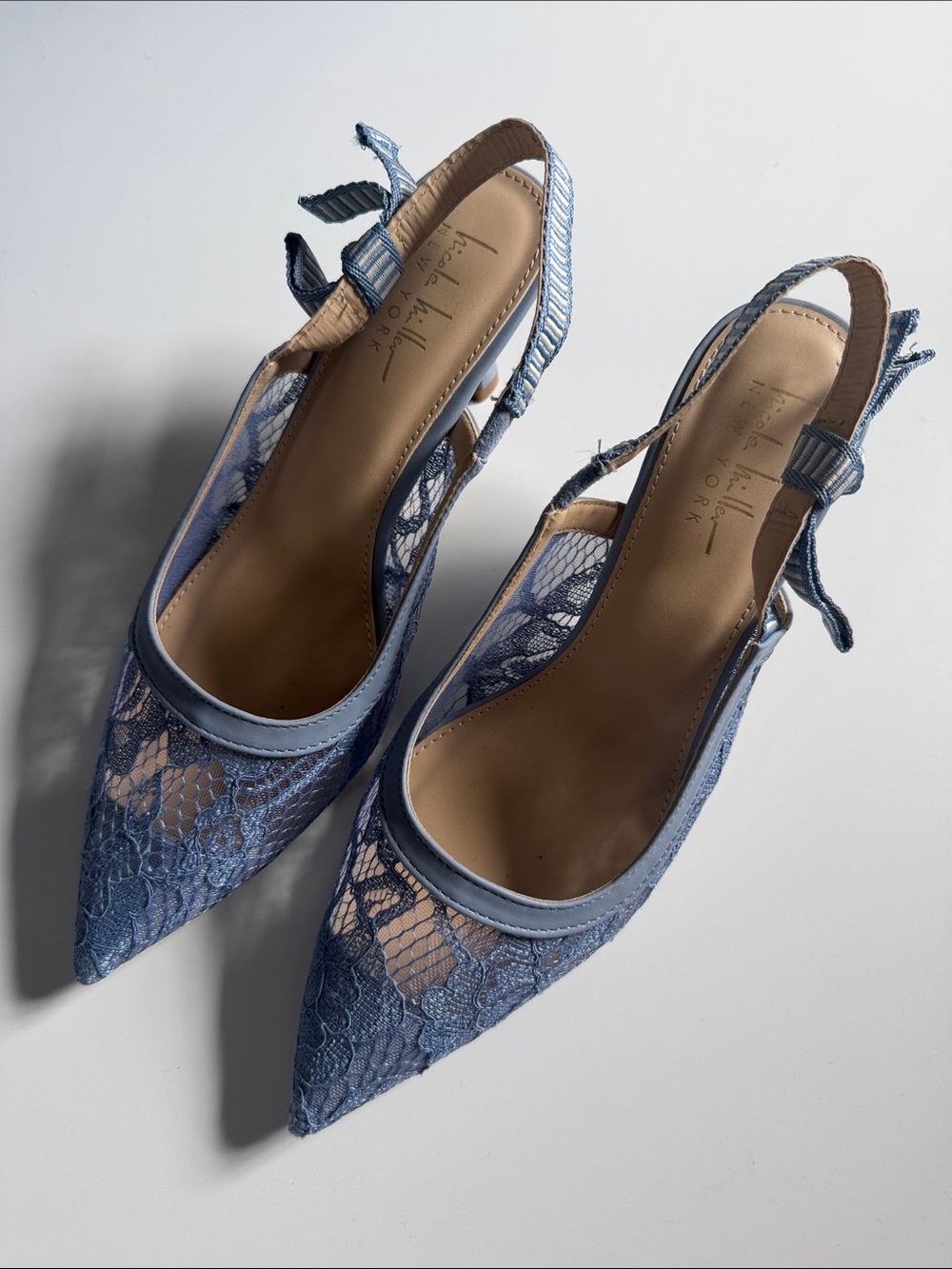 Nicole Miller Blue Lace Pointed Slingback Heels with Bow